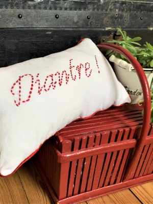 Petit coussin taillé dans un drap ancien blanc Dimensions du coussin 20 cms X 36 cms Le mot "diantre" est brodé en  rouge foncé sur le fond blanc Ce coussin est gansé d'un passepoil  rouge foncé L'arrière du coussin  est taillé dans tissu primerose bordier Ce coussin n'est pas déhoussable La housse extérieure de ce coussin est 100% coton L'intérieur de ce coussin est en  polyester 100% Il est conseillé de laver ce coussin à 30°