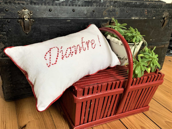 Petit coussin taillé dans un drap ancien blanc Dimensions du coussin 20 cms X 36 cms Le mot "diantre" est brodé en  rouge foncé sur le fond blanc Ce coussin est gansé d'un passepoil  rouge foncé L'arrière du coussin  est taillé dans tissu primerose bordier Ce coussin n'est pas déhoussable La housse extérieure de ce coussin est 100% coton L'intérieur de ce coussin est en  polyester 100% Il est conseillé de laver ce coussin à 30°